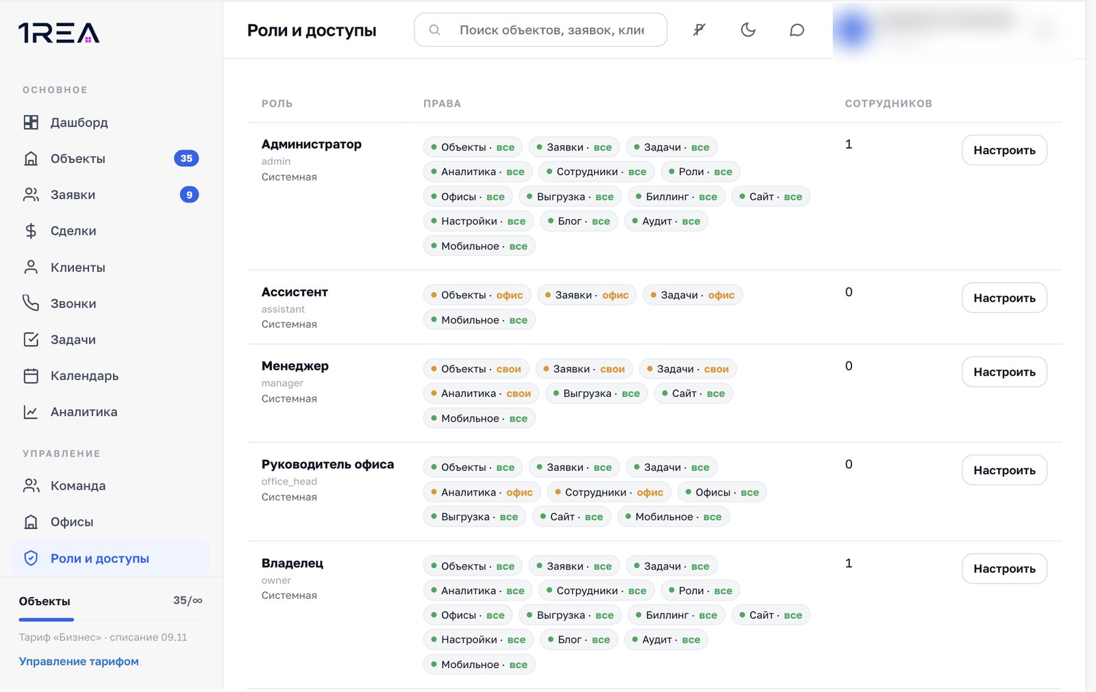 Раздел Роли и доступы в 1REA